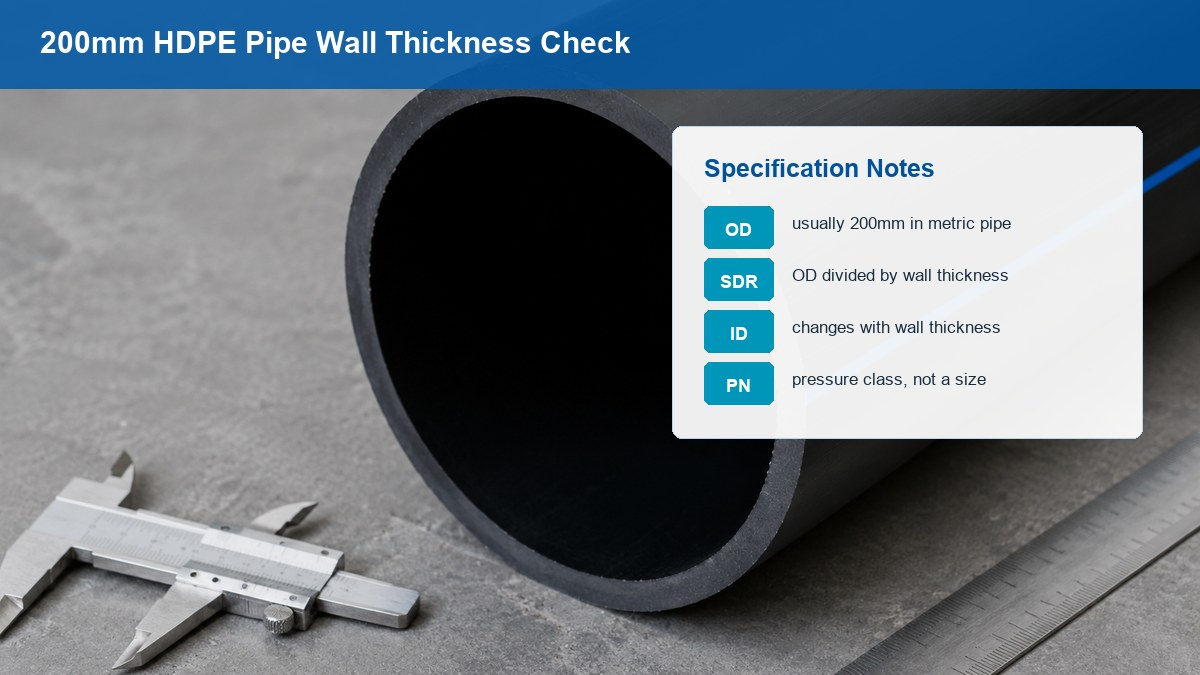 200mm HDPE Pipe Wall Thickness Check 200mm HDPE pipe wall thickness check with OD SDR ID and PN notes