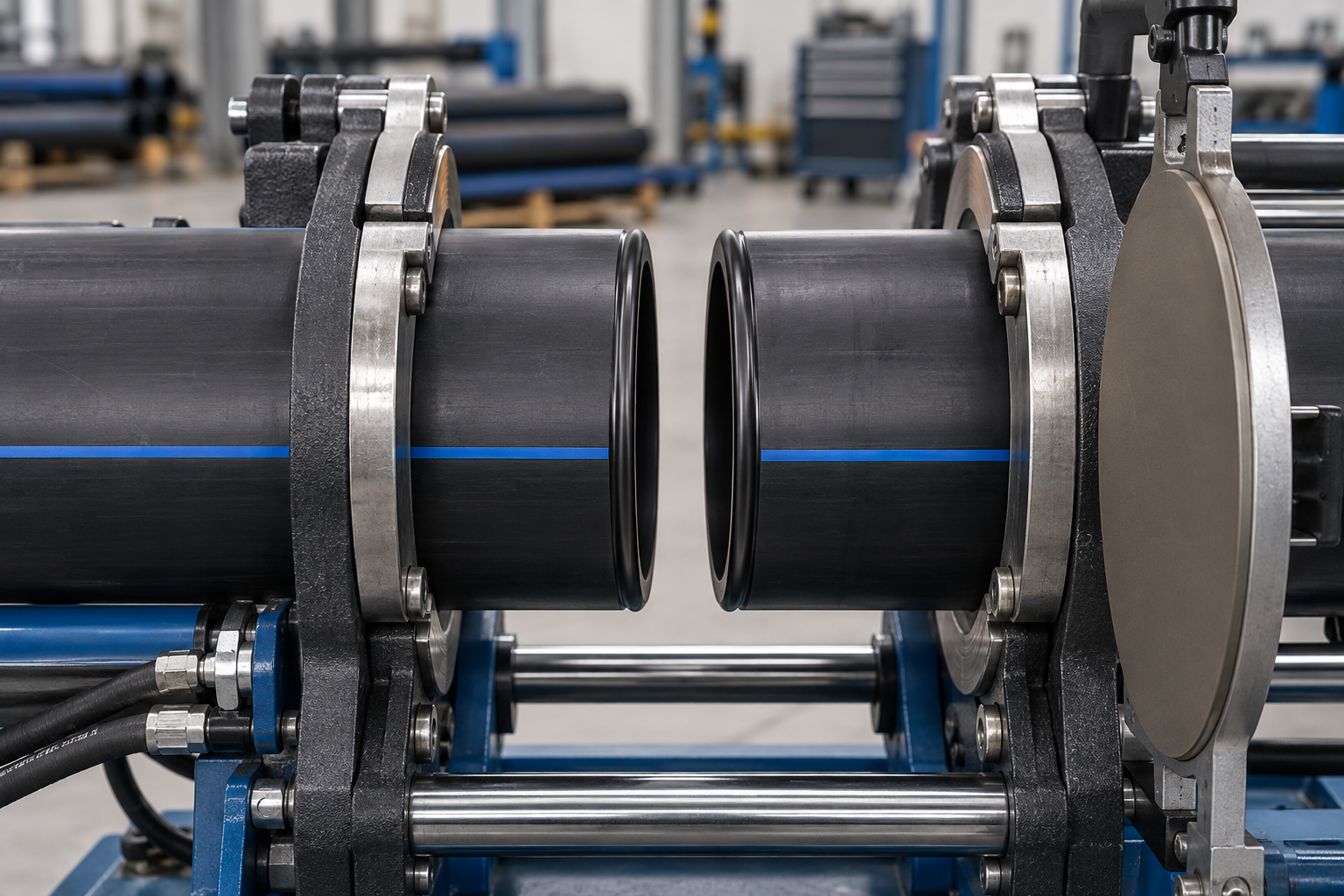 Aligned HDPE pipe ends prepared for hot plate butt fusion in a hydraulic fusion machine