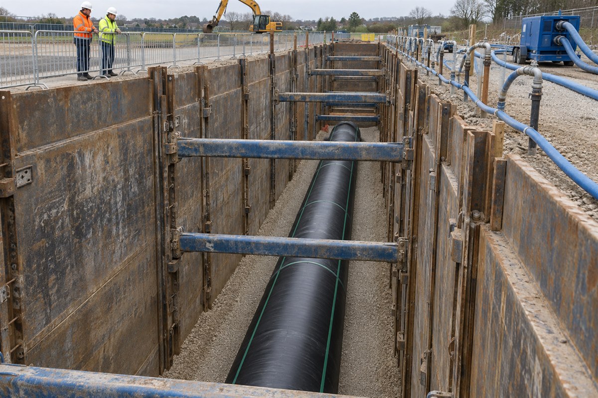 Deep HDPE sewer pipe installed on granular bedding in a shored dewatered trench