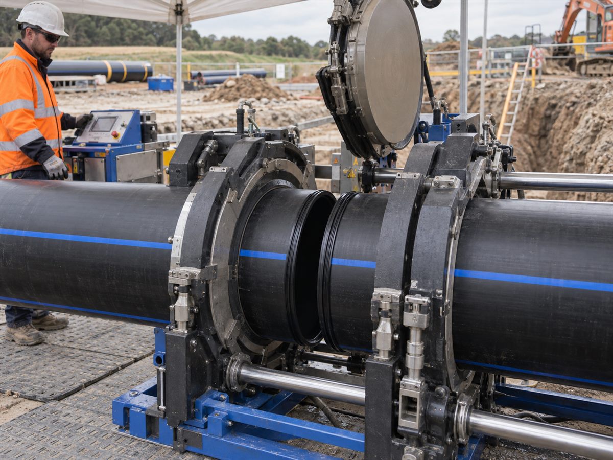 Butt fusion joining of a 500 mm HDPE water main on site