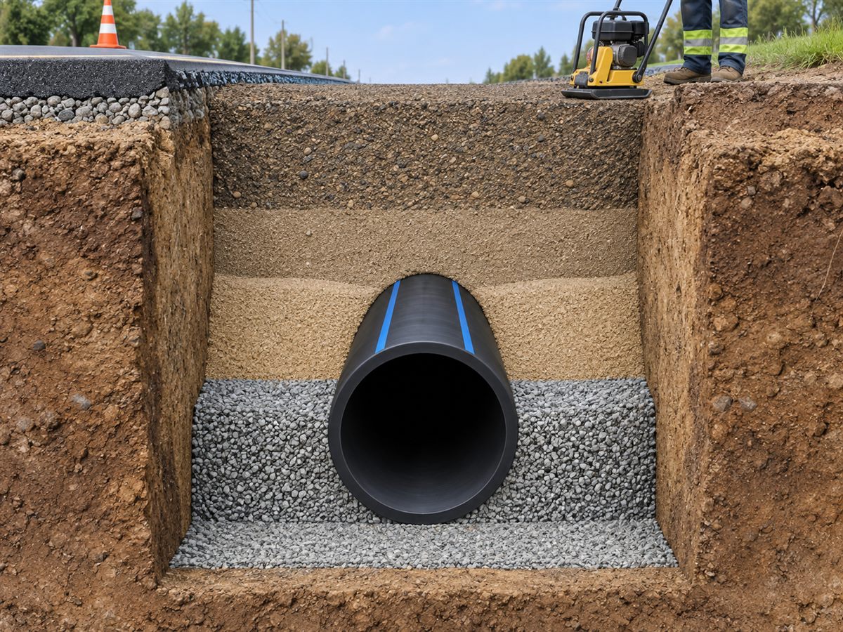 Trench bedding and embedment arrangement for a 500 mm HDPE pipe
