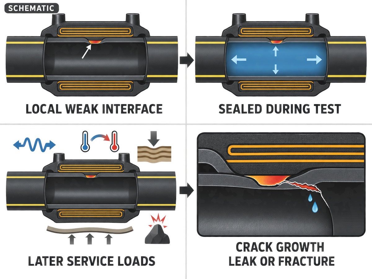 Schematic of a weak HDPE gas pipe electrofusion interface passing a pressure test before later loads cause crack growth